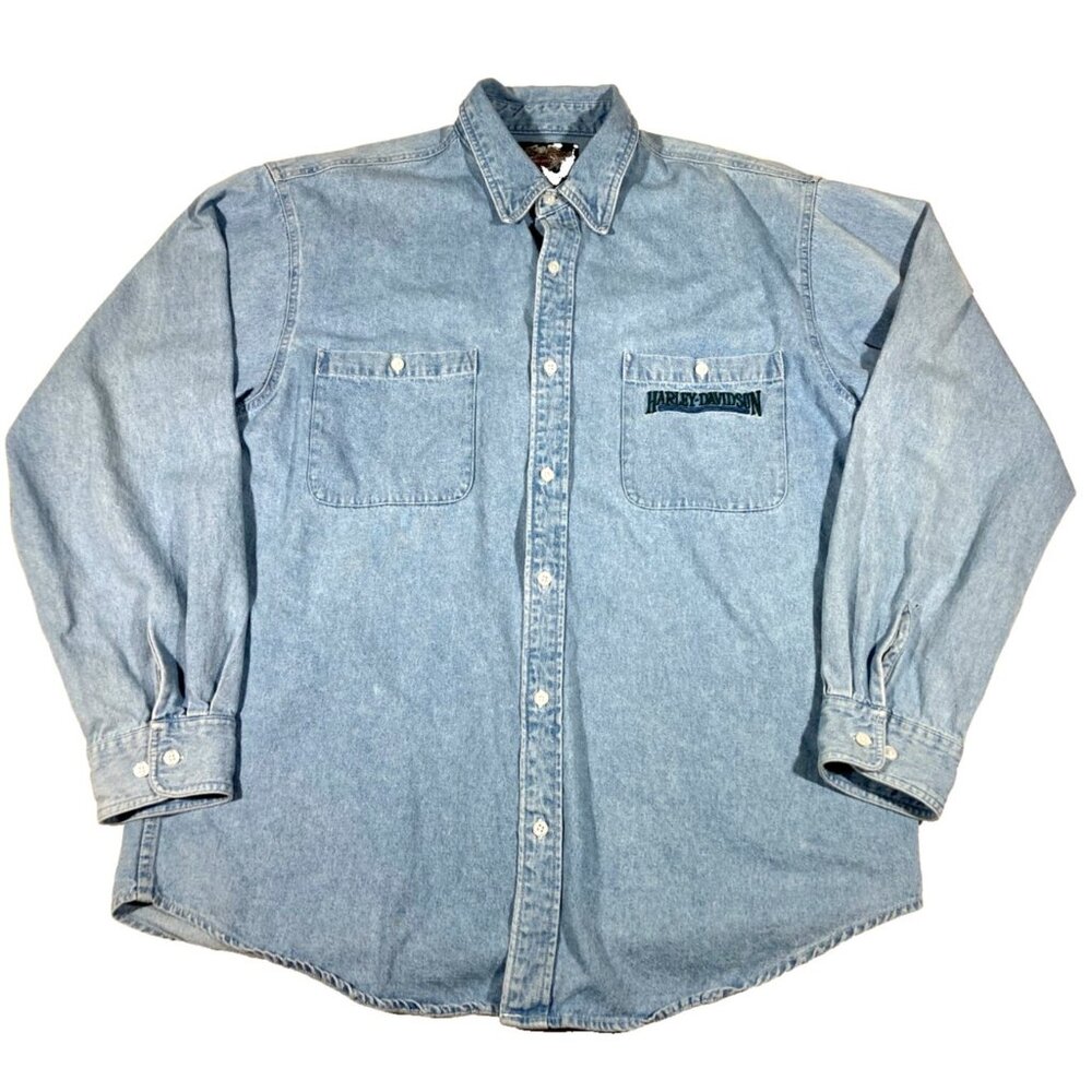 Harley-Davidson Vintage 90s Blue Denim Button-Down Shirt XL Biker Motorcycle